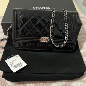 Chanel patent boy wallet on chain new with dust bag, tags, and box